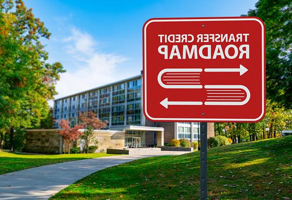 Image of Marist campus with transfer credit roadmap sign